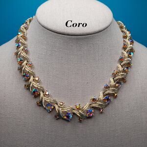 Vintage Coro Aurora Borealis Topaz Rhinestone Leaf Choker Necklace 1960s